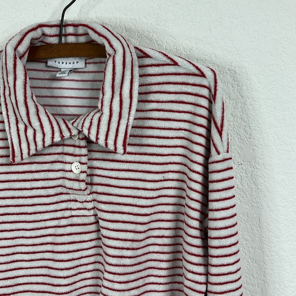 Topshop Terrycloth Stripe Button Up Polo in Red and White - Picture 3 of 8